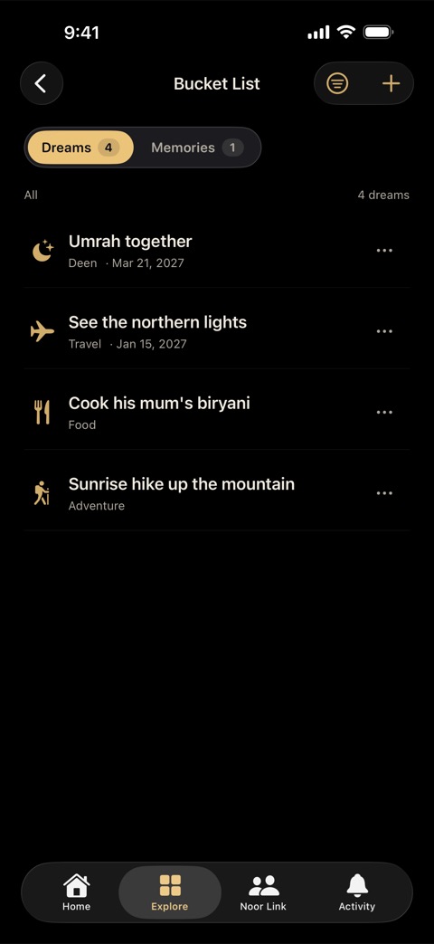 A shared bucket list with Umrah together, See the northern lights, Cook his mum’s biryani and Sunrise hike up the mountain