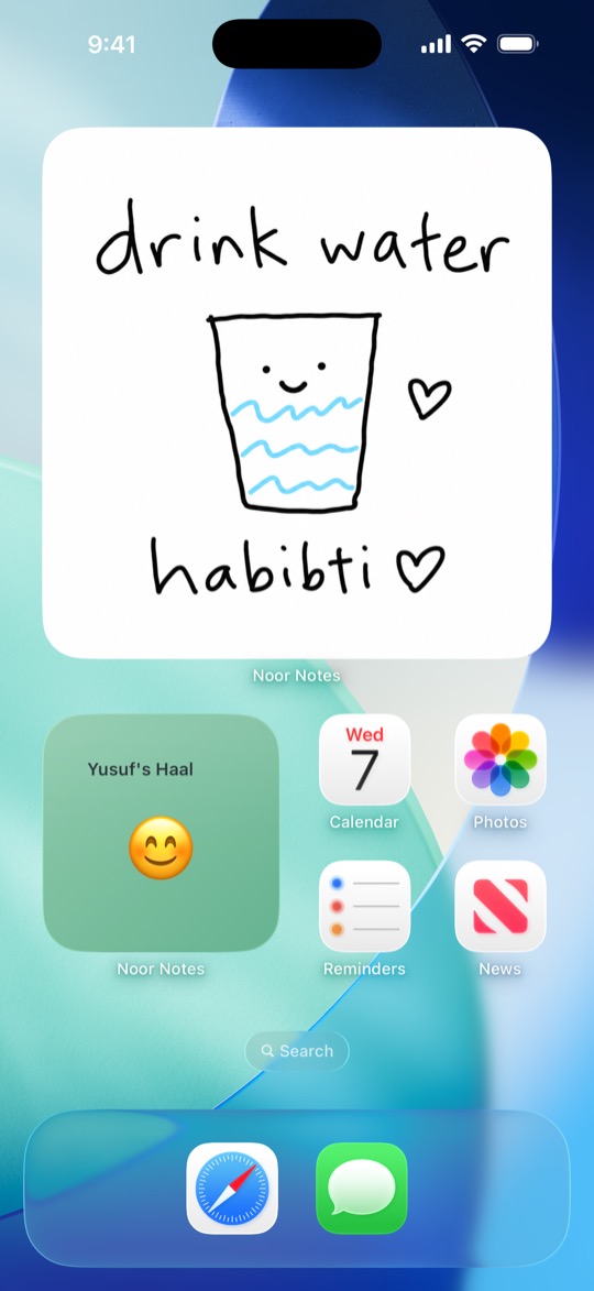 An iPhone Home Screen with a Noor Notes widget showing a hand-drawn doodle that says drink water habibti, and a widget with Yusuf’s Haal