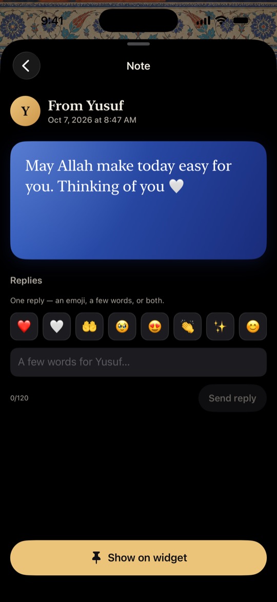 A note from Yusuf that reads: May Allah make today easy for you. Thinking of you. Below it are emoji replies and a Show on widget button