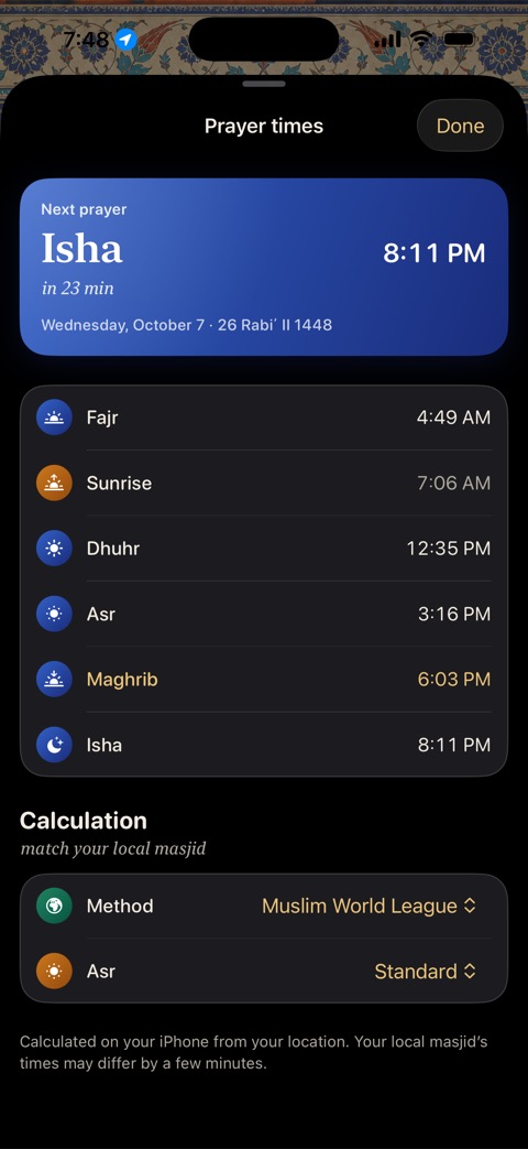 Today’s prayer times with the next prayer highlighted