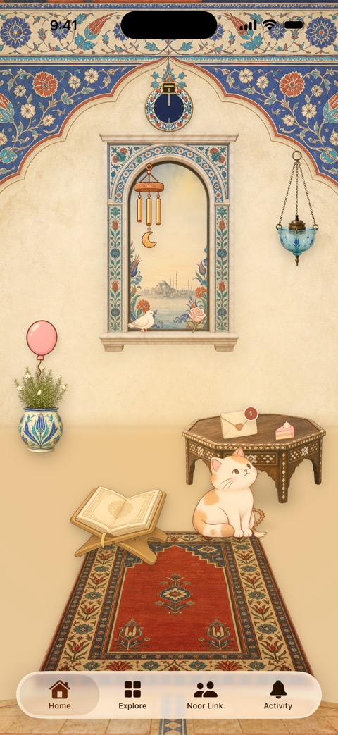 The room with gifts in it: a rose on the windowsill, a cake on the table and a balloon tied to the plant