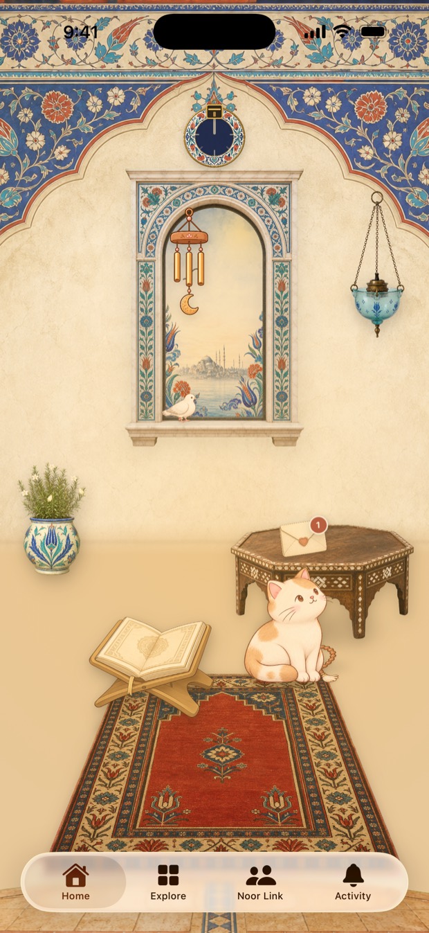 The Home room in Noor Notes: a tiled Ottoman room with an arched window, a hanging lantern, a plant, a Qur’an on a stand, a prayer rug, and a cat by a table with a new letter on it