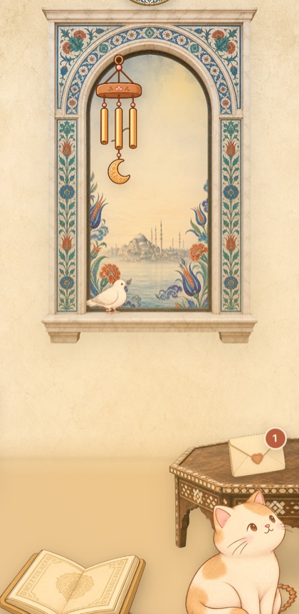 The room’s arched window with a clear golden sky over Istanbul