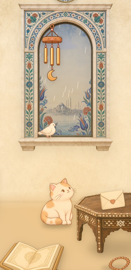 The same window with a grey sky and rain, and the cat sitting underneath it, looking up
