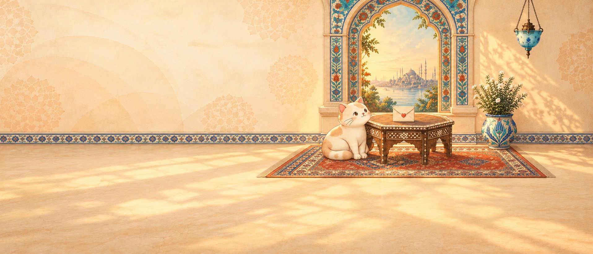 Illustration of a sunny room with a turquoise-tiled window, a cat sitting on a rug, and a sealed letter on a small inlaid table