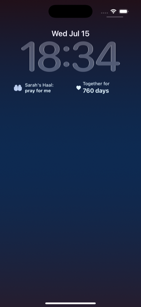 iPhone Lock Screen with Noor Notes widgets for a shared Haal and days together