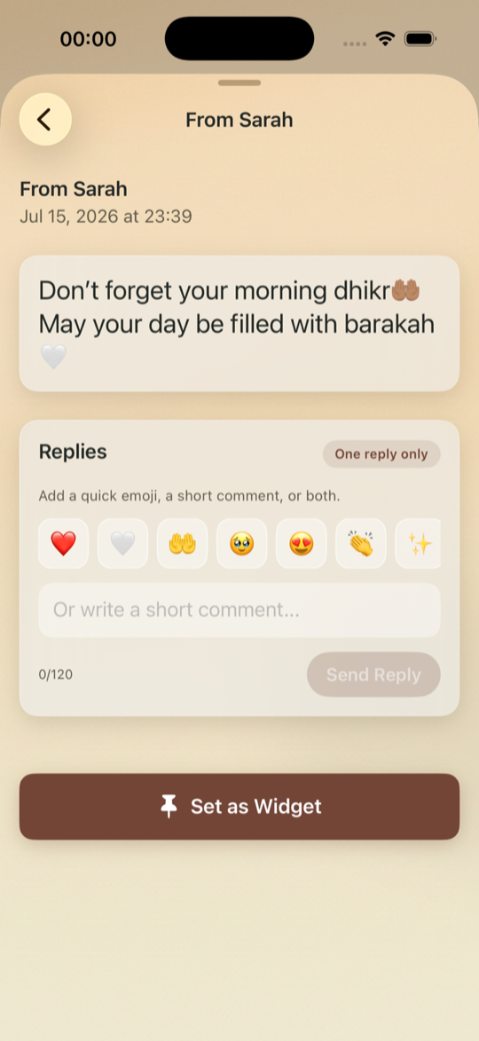 A received Noor Notes reminder with quick reactions, replies, and a Set as Widget button