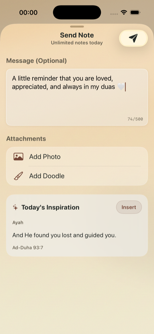 Noor Notes composer with a caring note and Quran inspiration ready to send