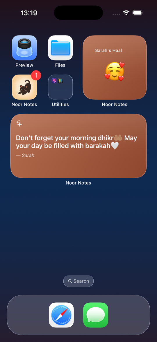 Noor Notes Home Screen widgets showing a shared Haal and a thoughtful morning reminder